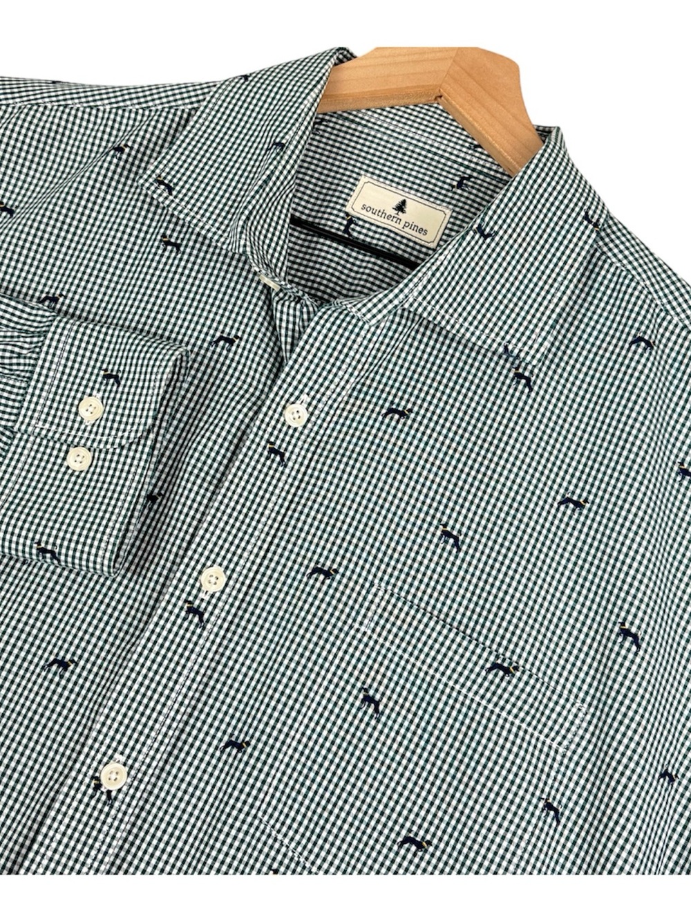 Southern Pines Shirt‎ Mens XXL Green Gingham Check Dog All Over Print